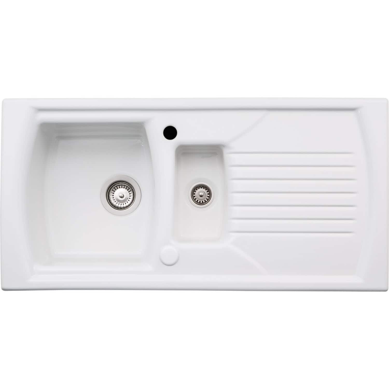 Double bowl kitchen sink with stainless steel drains, integrated drainer, and spacious design, ideal for modern bathrooms and kitchens, offering functionality and style.