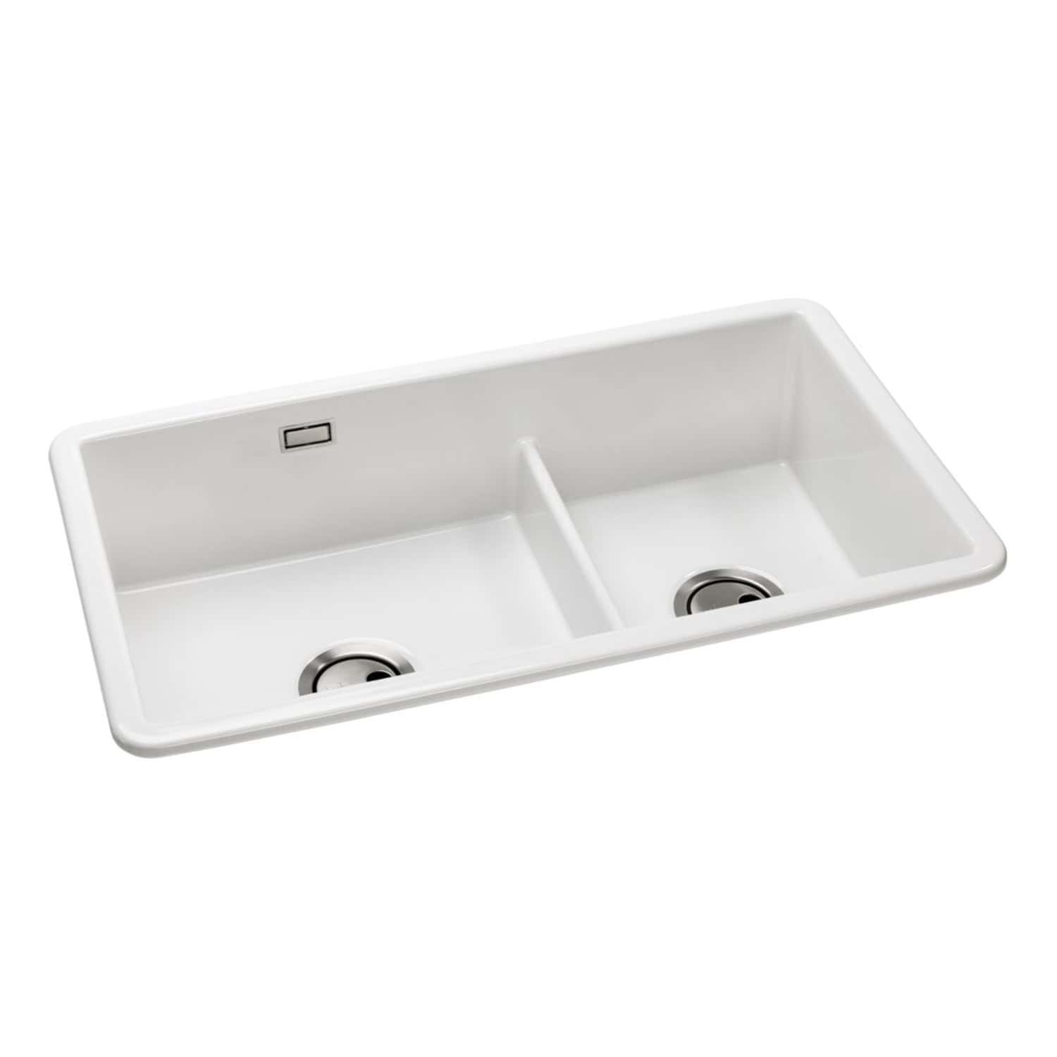 Elegant white double kitchen sink with drainers, ideal for modern bathroom or kitchen remodels, featuring durable ceramic finish and stainless steel drains for reliable performance.
