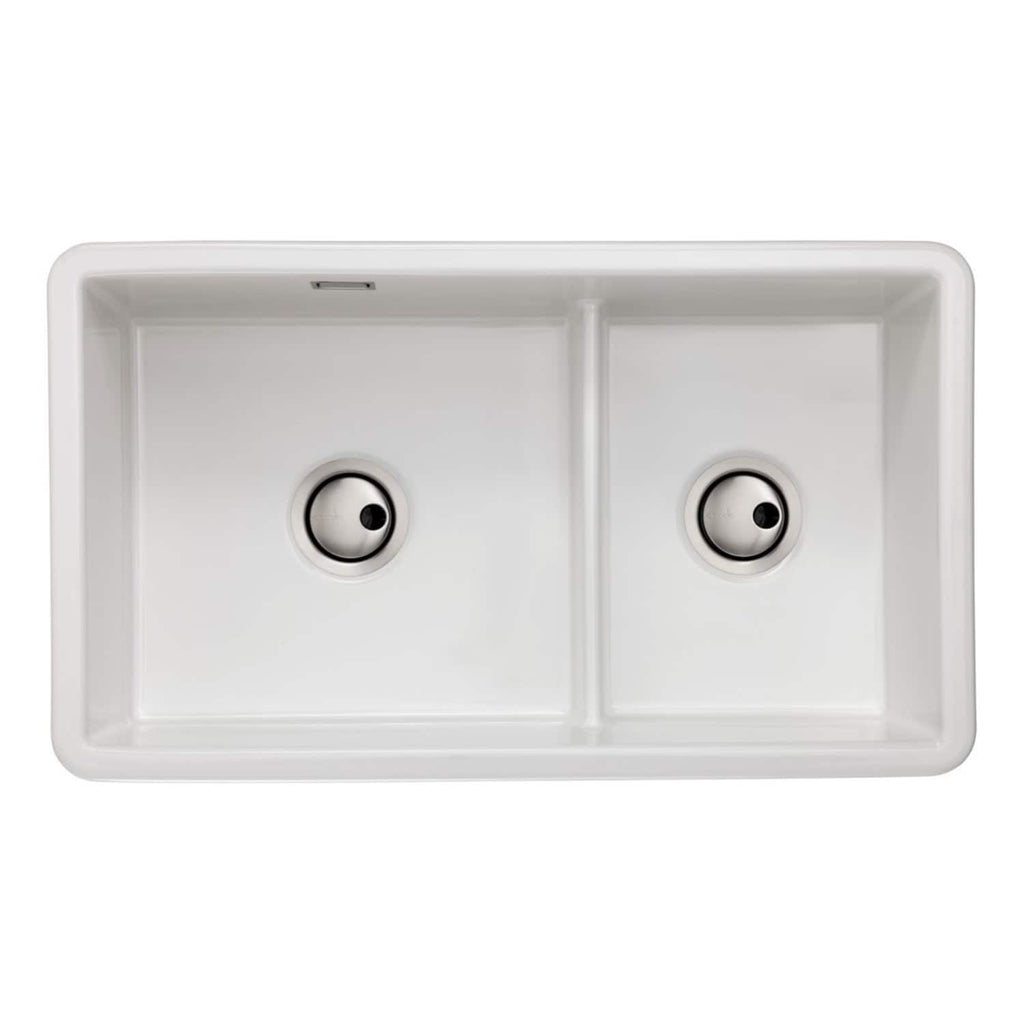 Bright white double kitchen sink with deep bowls, modern design, and durable ceramic surface, perfect for contemporary bathrooms and kitchens. Features dual drains and spacious basins.