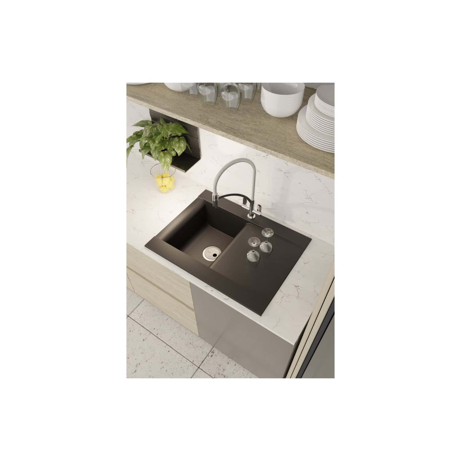 Sleek black kitchen sink with modern chrome faucet, integrated into a stylish white marble countertop, perfect for contemporary bathroom or kitchen renovation projects.
