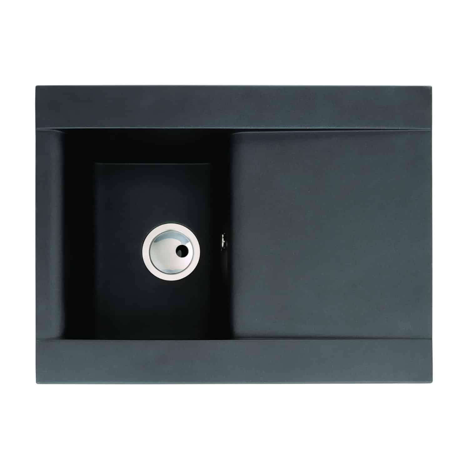 Modern black kitchen sink with a single basin and integrated drainer, featuring a sleek design for contemporary bathrooms and kitchens. Perfect for stylish and functional space upgrades.