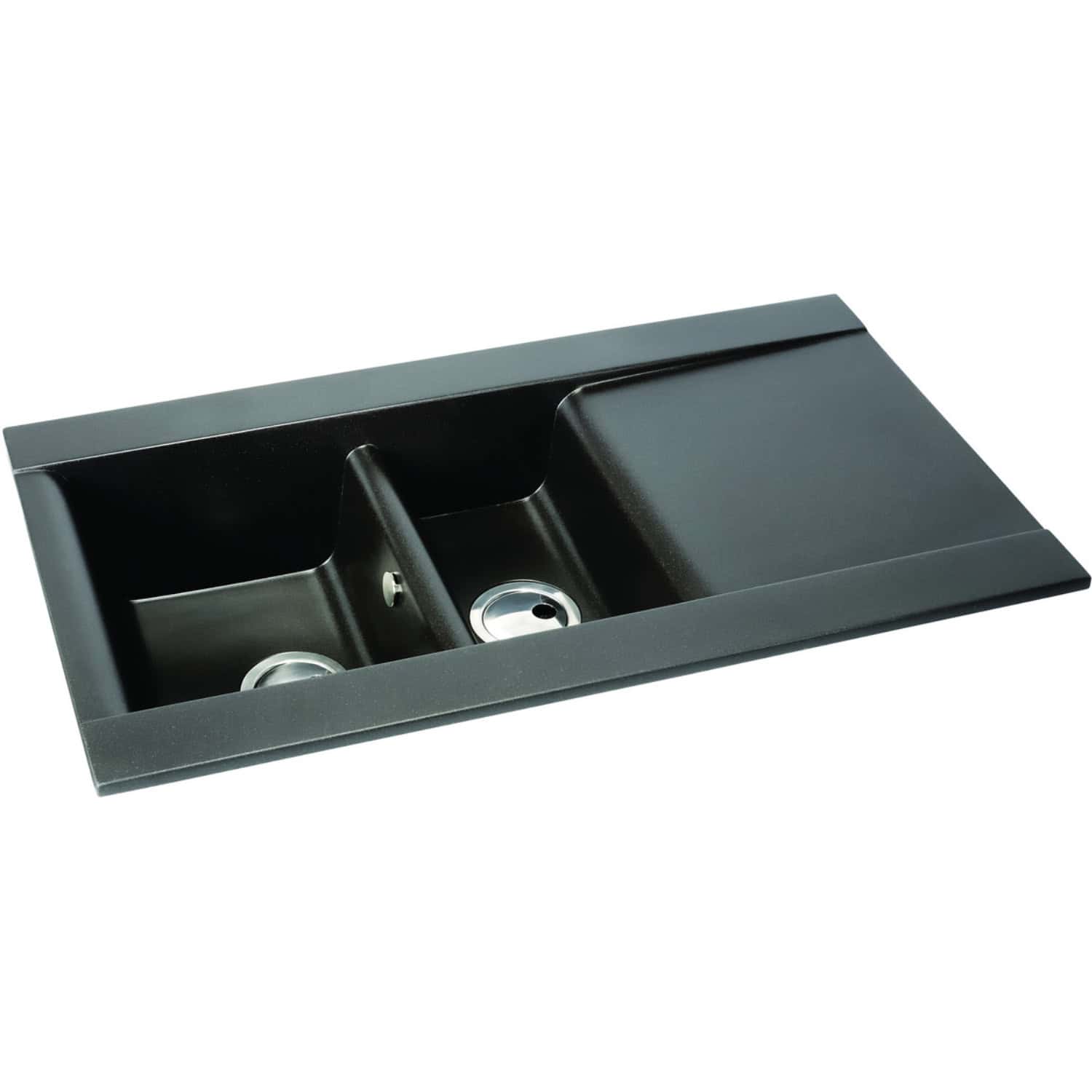 Double bowl black kitchen sink with integrated draining area, ideal for modern bathroom or kitchen renovations, durable and stylish design.