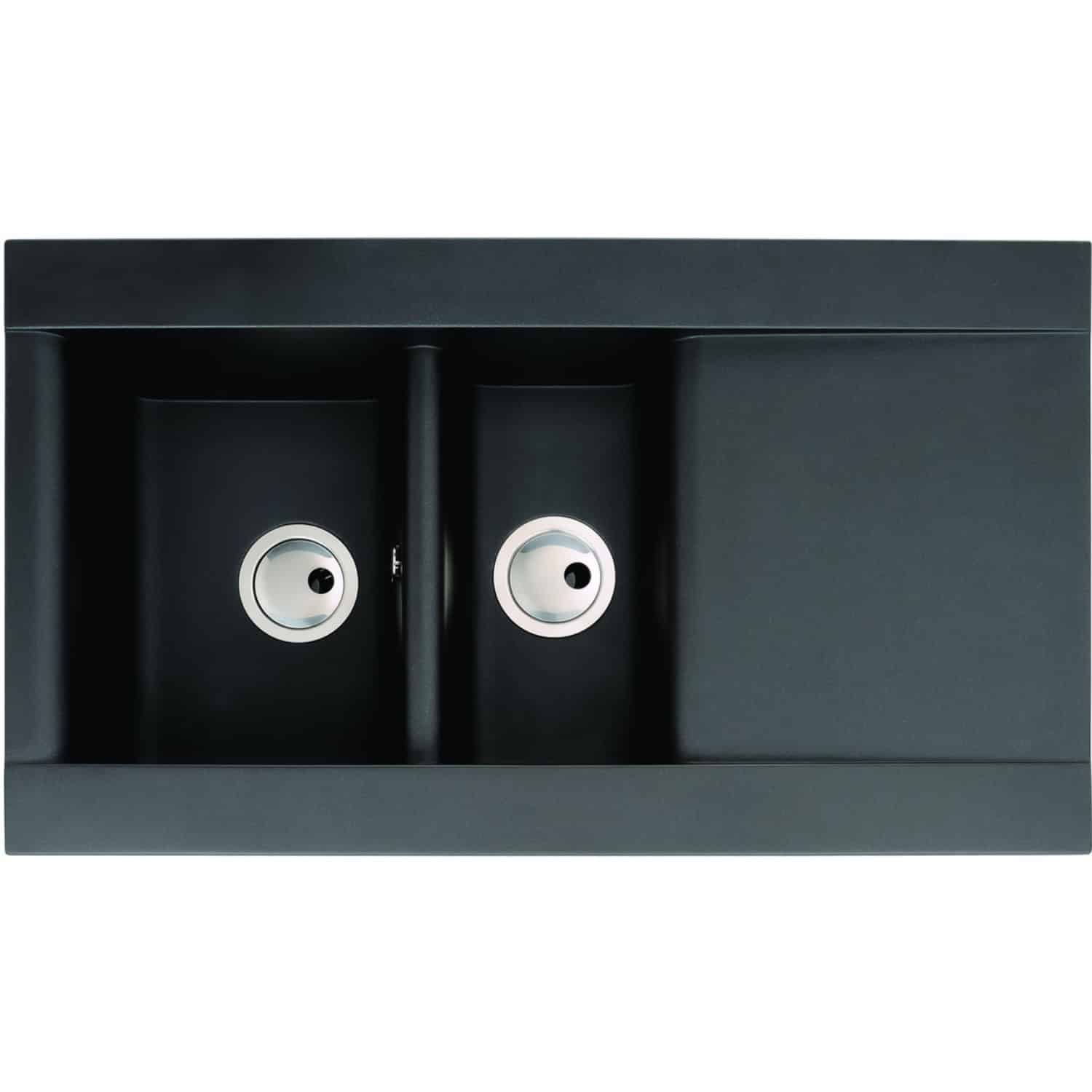 Sleek black double kitchen sink with modern ceramic basins and chrome waste fittings for contemporary bathroom or kitchen design.