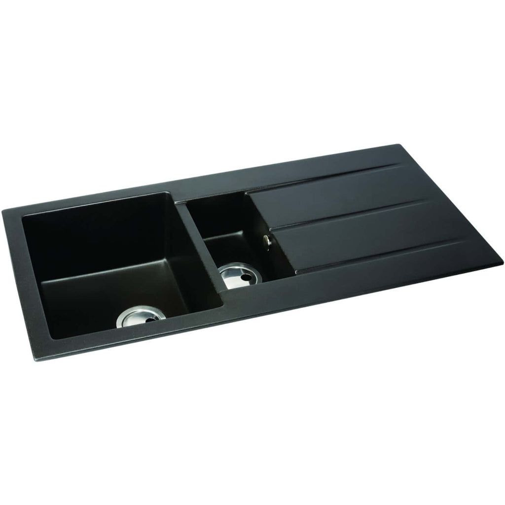 Double bowl black kitchen sink with draining area, modern design, suitable for contemporary bathrooms and kitchens. Durable and stylish, perfect for upgrade or new installations.