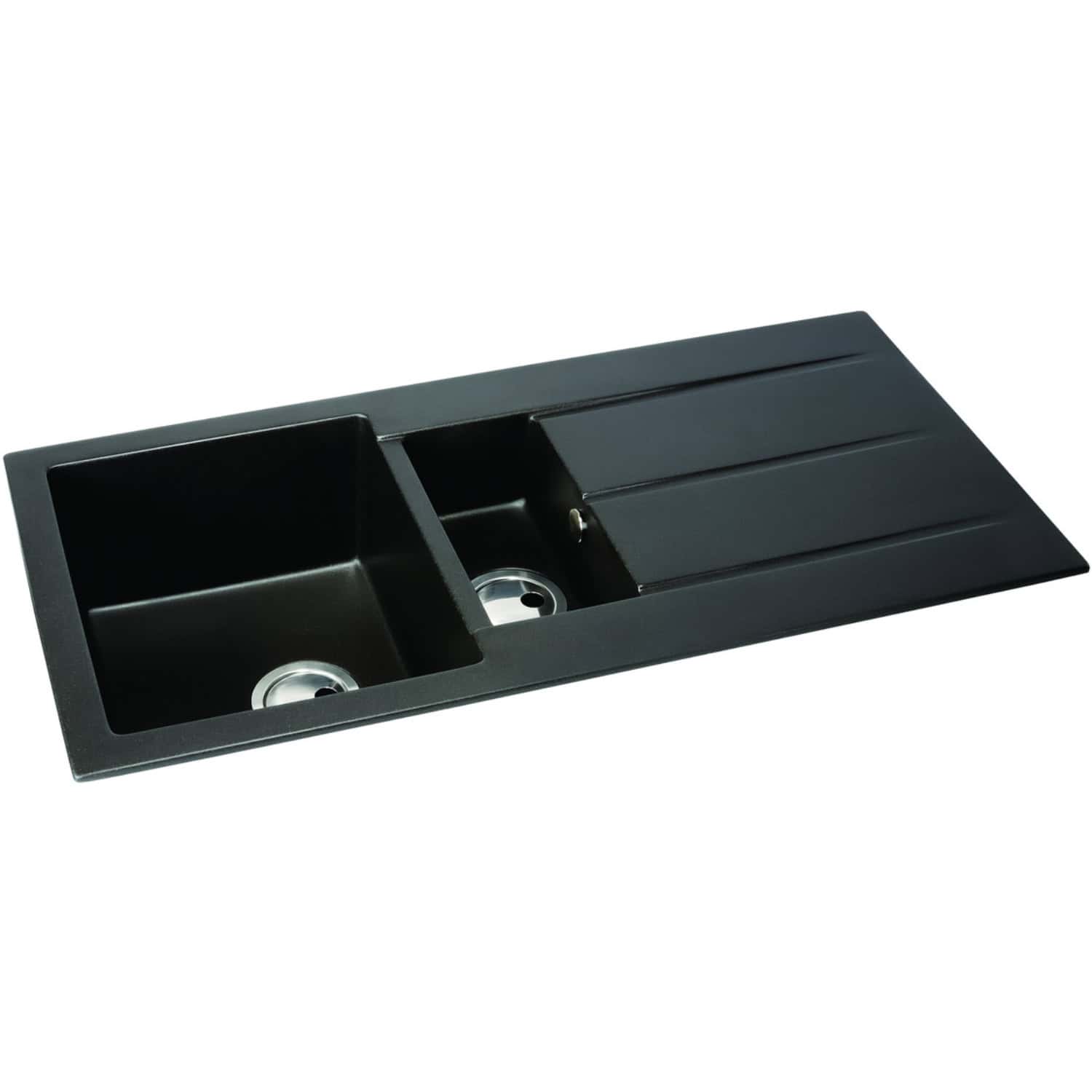 Double bowl black kitchen sink with draining area, modern design, suitable for contemporary bathrooms and kitchens. Durable and stylish, perfect for upgrade or new installations.