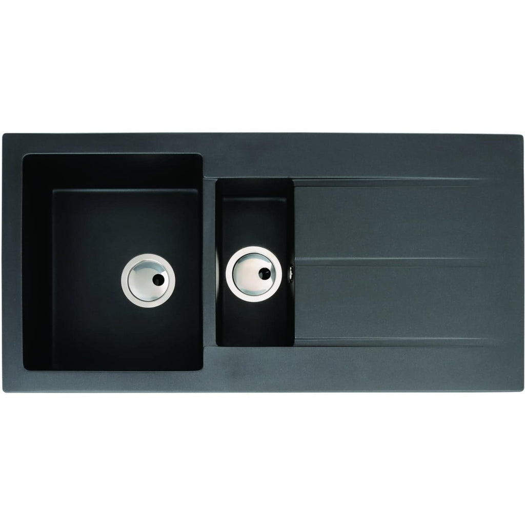 A modern black kitchen sink with dual bowls and a draining area, perfect for contemporary bathroom or kitchen renovations, featuring sleek design and durable materials.