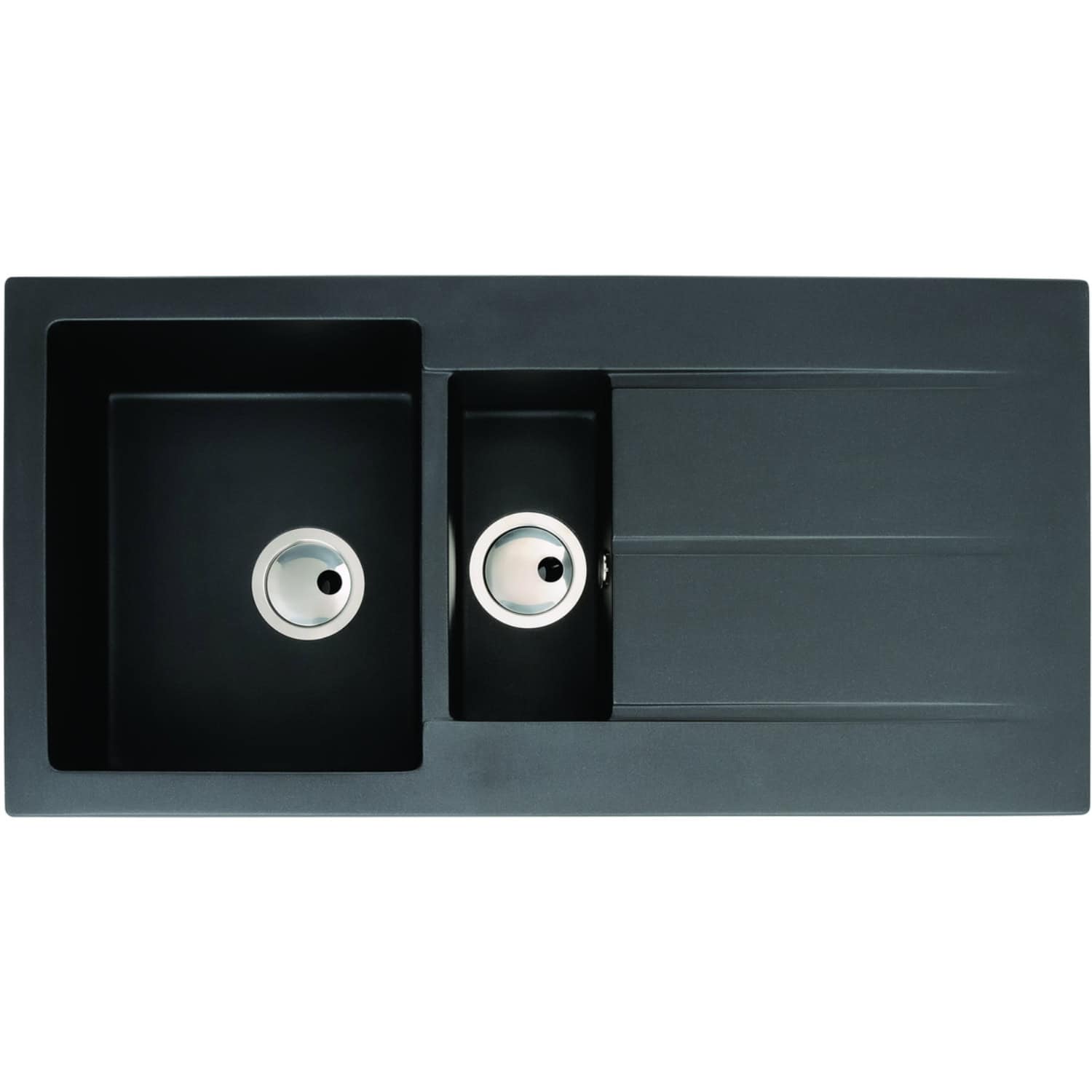 A modern black kitchen sink with dual bowls and a draining area, perfect for contemporary bathroom or kitchen renovations, featuring sleek design and durable materials.