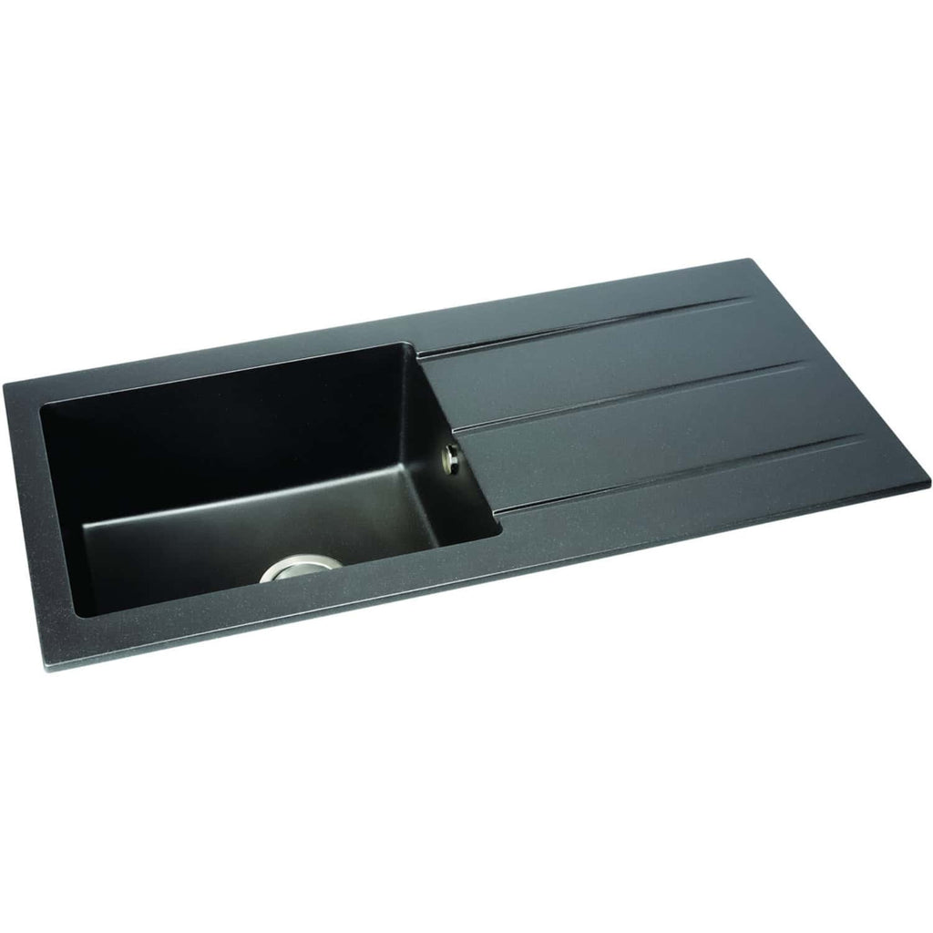 Black stainless steel kitchen sink with draining board for modern bathrooms and kitchens. Durable, sleek design ideal for contemporary bathroom and kitchen renovations.
