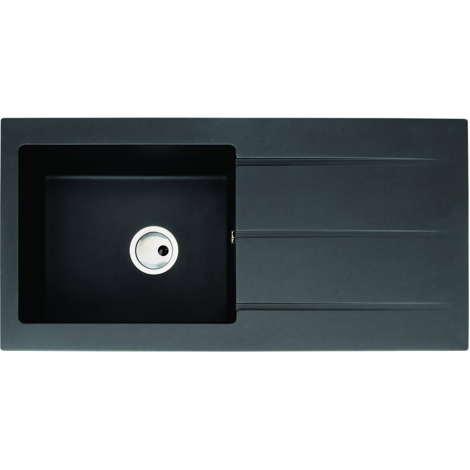 Sleek black kitchen sink with integrated draining board, ideal for modern bathroom or kitchen renovations, featuring durable material and contemporary design for seamless integration.