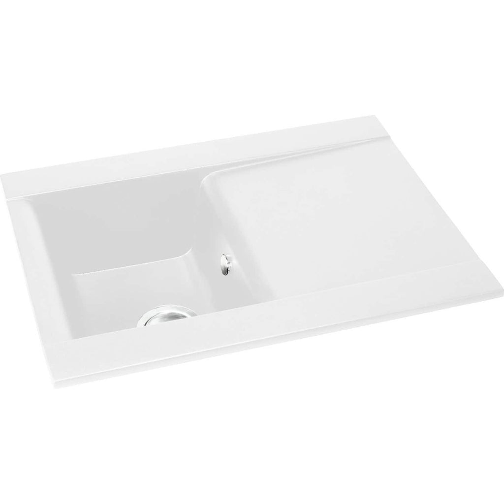Modern white bathroom sink with integrated draining board, suitable for contemporary bathroom renovations and fittings. Perfect for sleek, stylish bathroom spaces.