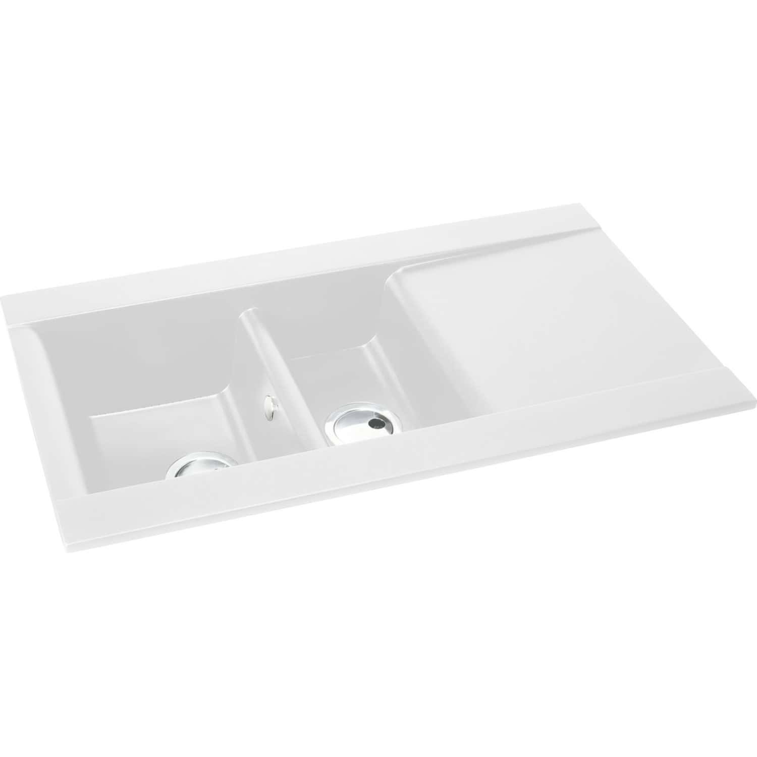 Squared white kitchen sink with dual basins and integrated draining area, ideal for modern kitchen designs and efficient food prep. Crafted from durable, easy-to-clean material for everyday use.
