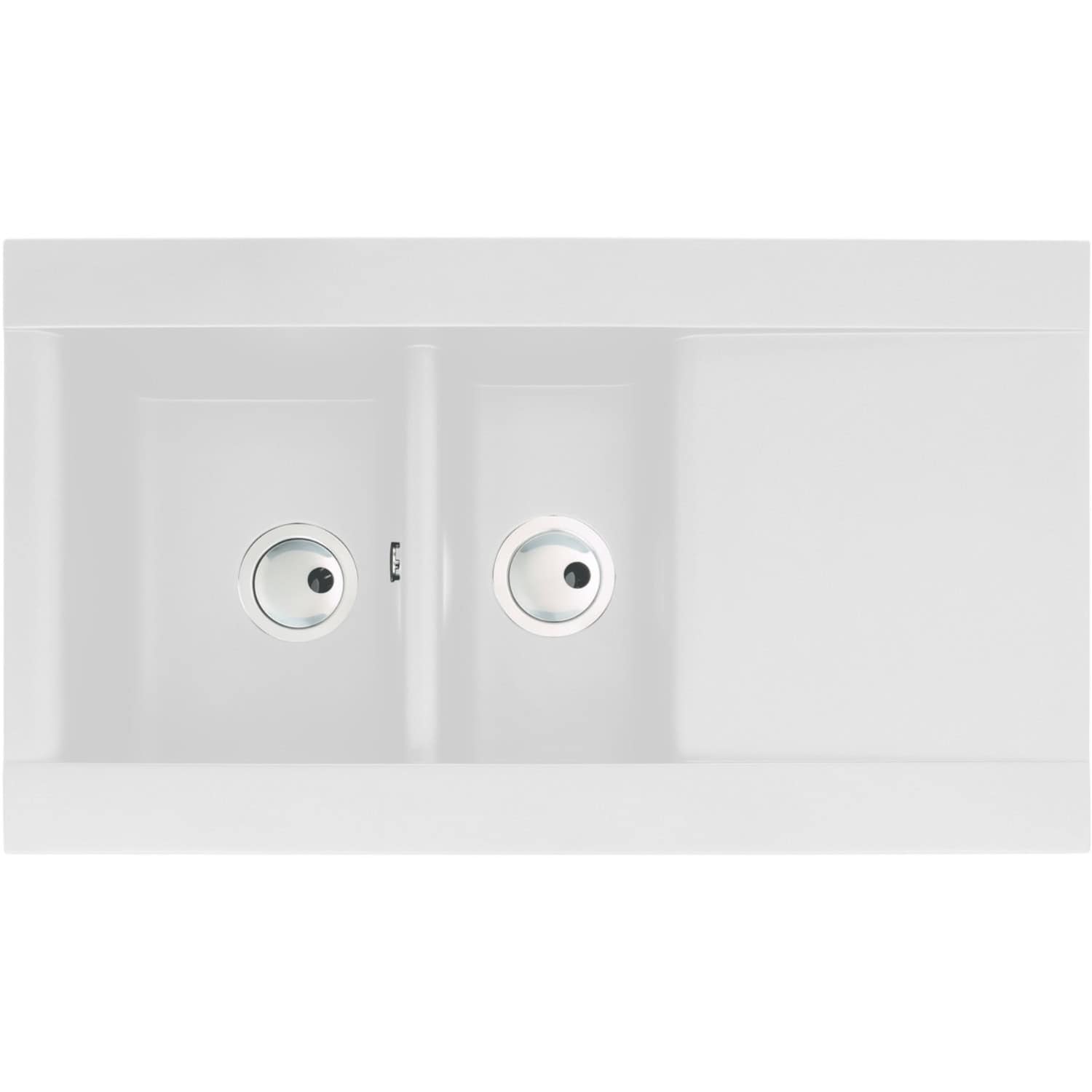 Modern white undermount kitchen sink with dual bowl design and stainless steel drains, ideal for contemporary bathrooms and kitchens, featuring sleek, durable construction.