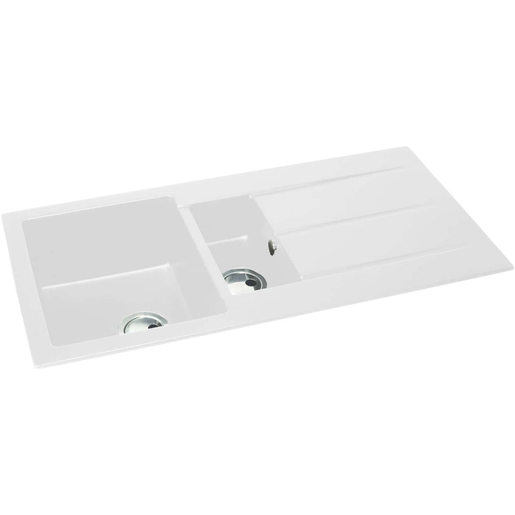 Double bowl stainless steel kitchen sink with drain covers and side drainer, ideal for modern bathrooms and kitchens, featuring durable design and easy installation.