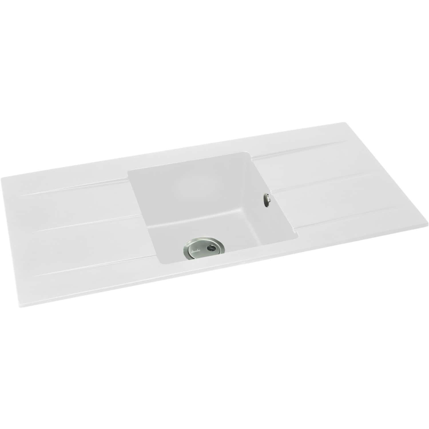 Sleek white kitchen sink with integrated drainage board, modern design, durable material, stylish and functional for contemporary bathrooms and kitchens.