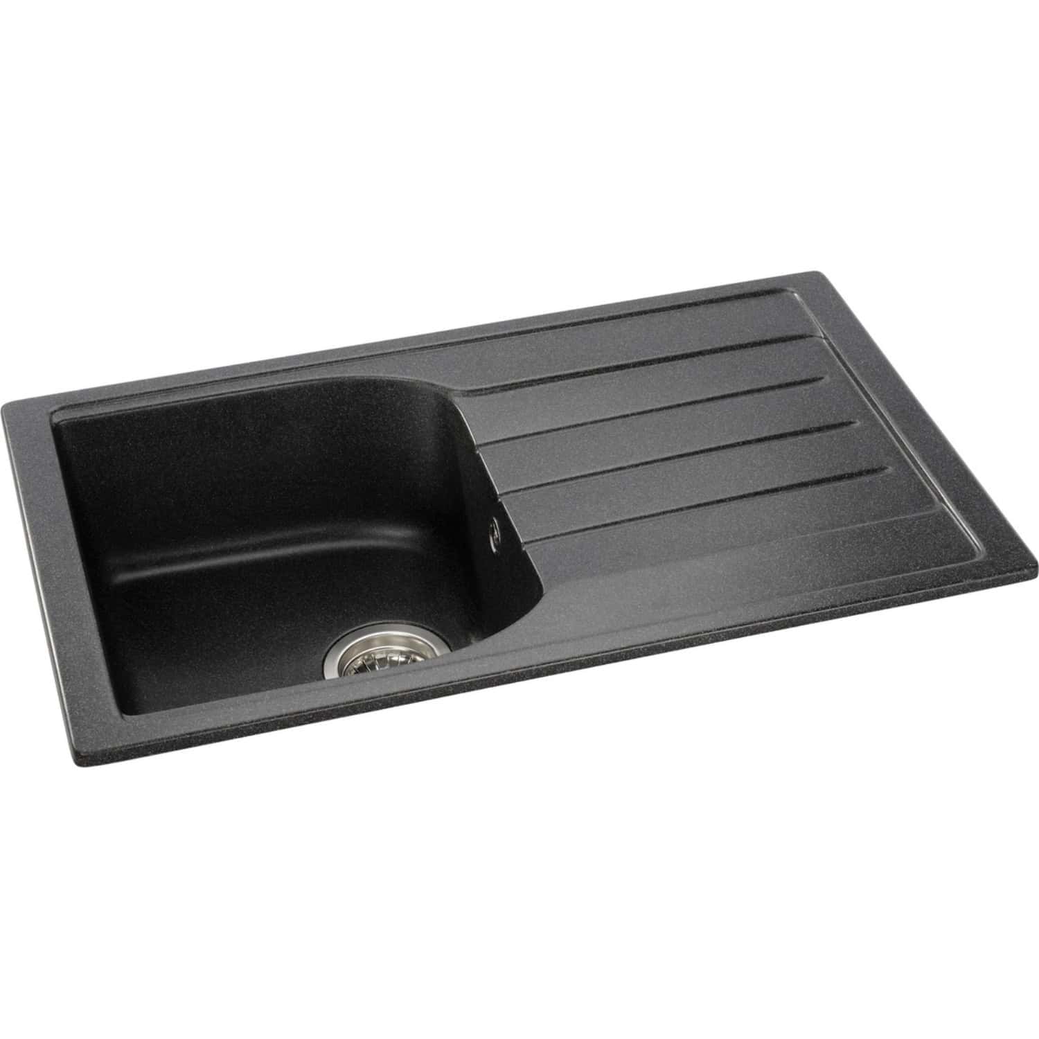 Stainless steel kitchen sink with integrated draining board, modern black finish, suitable for contemporary bathrooms and kitchens. Durable and stylish for efficient water management.