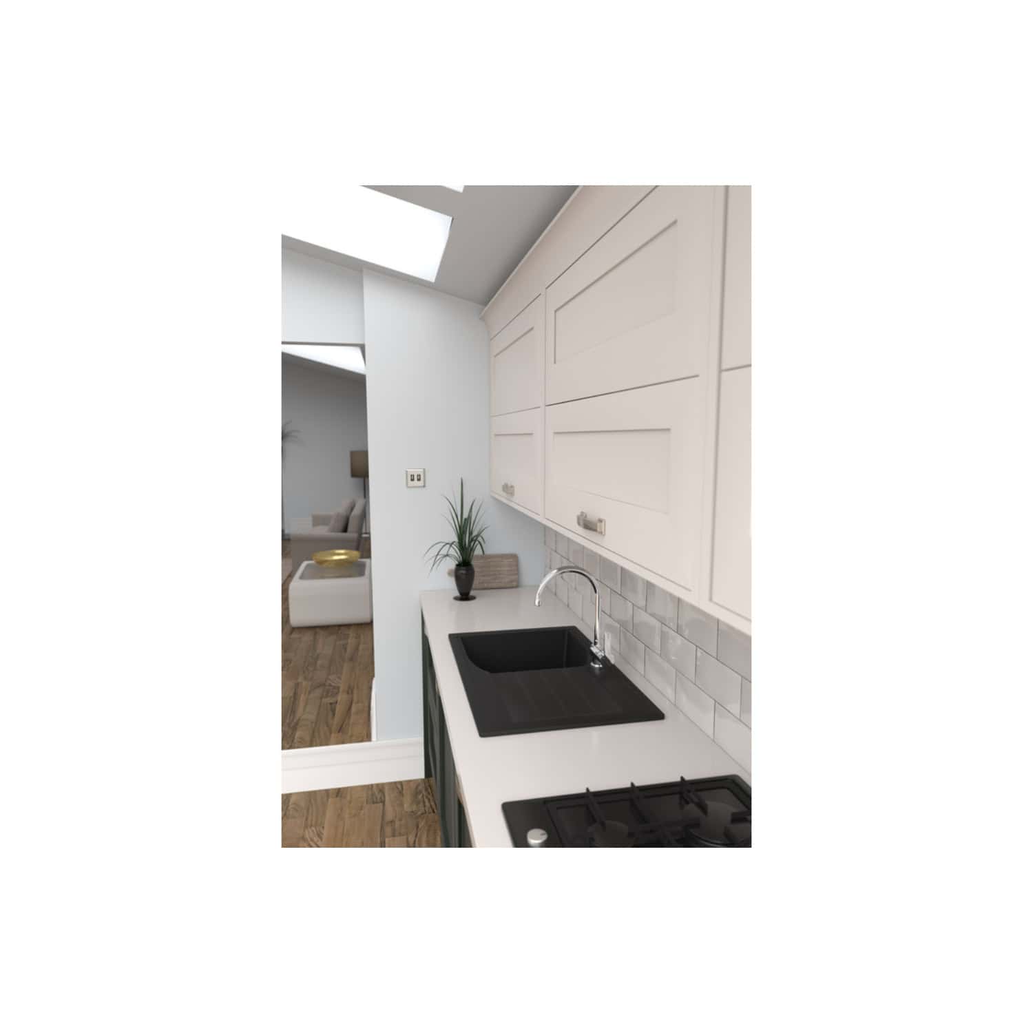 Modern minimalist kitchen with black sink, white cabinetry, grey tiles backsplash, overhanging ceiling lights, and wooden flooring, part of a stylish home interior.