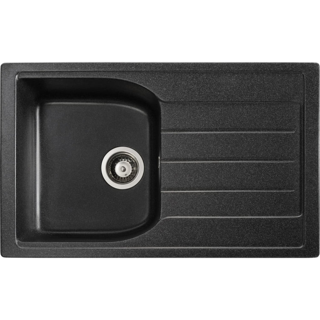 Heavy-duty black kitchen sink with integrated draining board, made from durable composite material, ideal for modern bathrooms and kitchens. Perfect to enhance functionality and aesthetics.