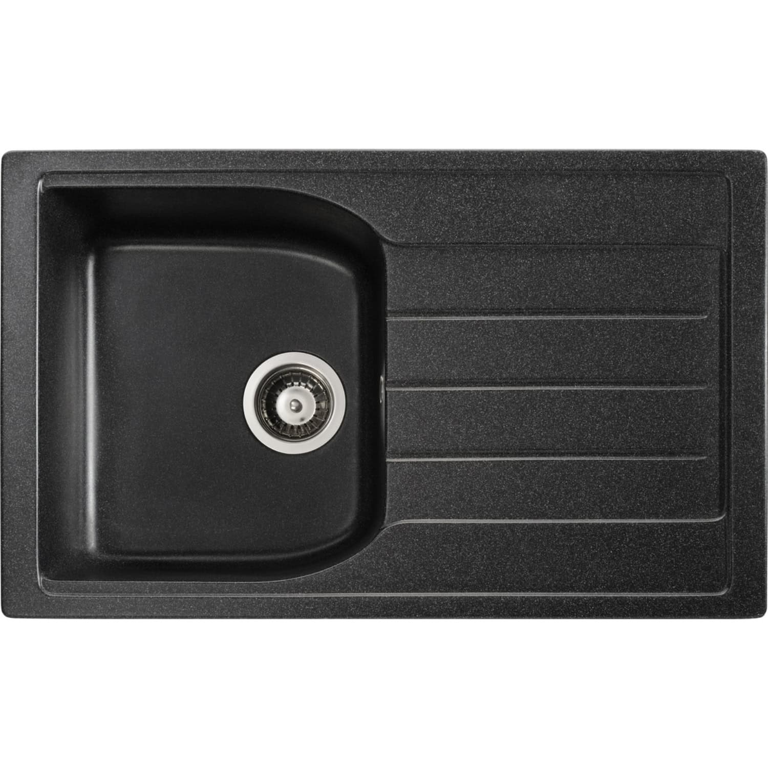 Heavy-duty black kitchen sink with integrated draining board, made from durable composite material, ideal for modern bathrooms and kitchens. Perfect to enhance functionality and aesthetics.