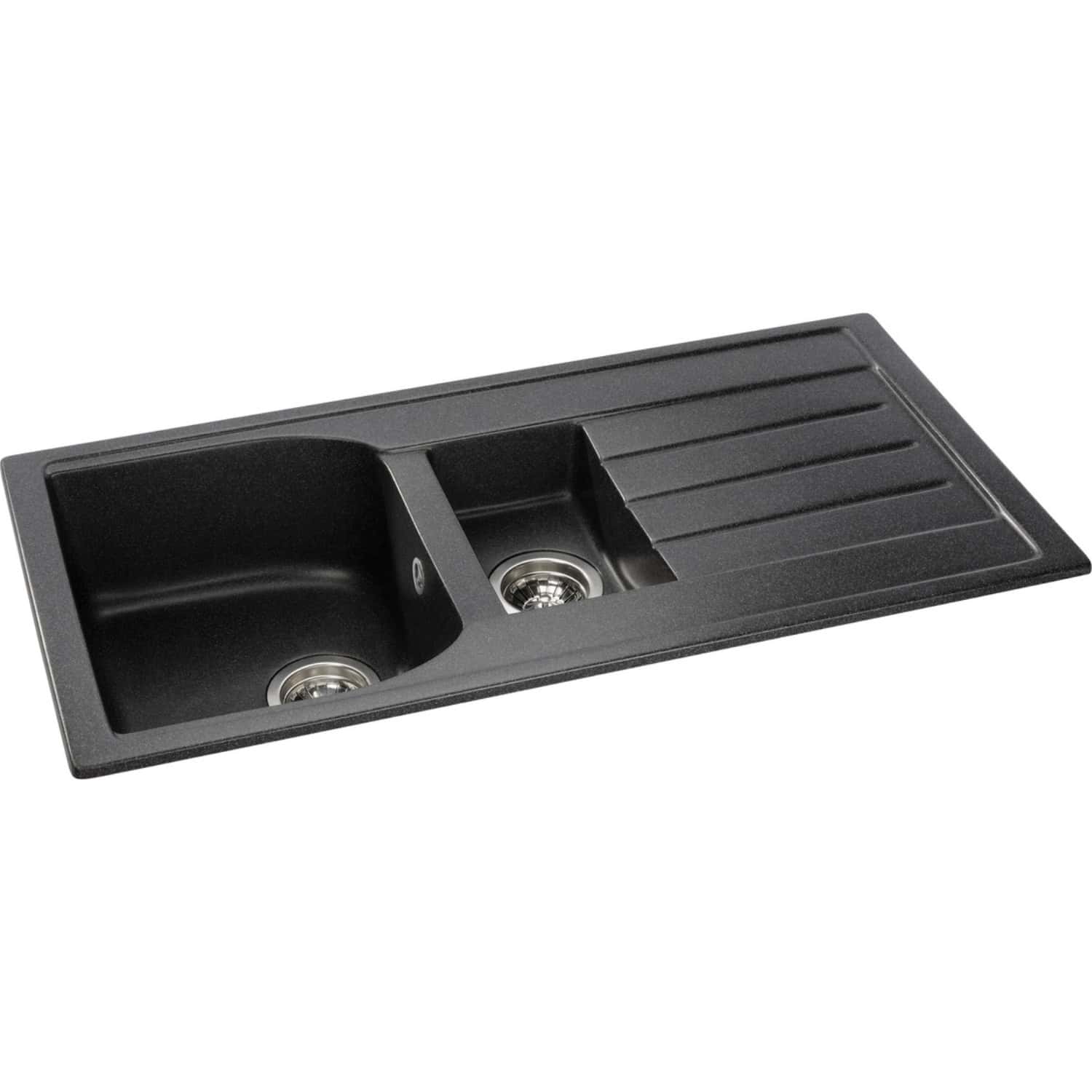 Stainless steel kitchen sink with dual bowls and drainer, perfect for modern bathrooms and kitchens, designed for easy cleaning and durability.