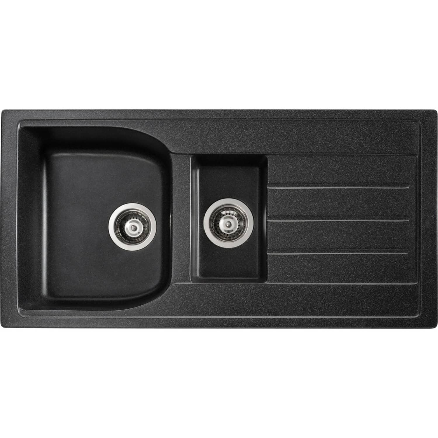 Sleek black kitchen sink with dual stainless steel drainer and integrated waste disposal units, perfect for modern Bubly Bathrooms kitchen design.