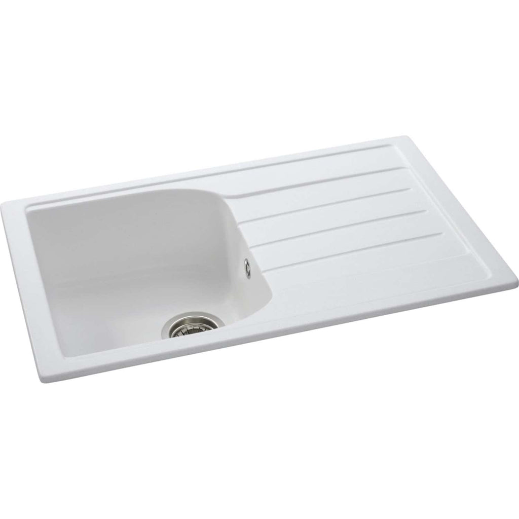 White ceramic kitchen sink with integrated drainer, ideal for modern bathrooms and kitchens. Durable, easy to clean and perfect for space-saving design. Suitable for residential and commercial use.