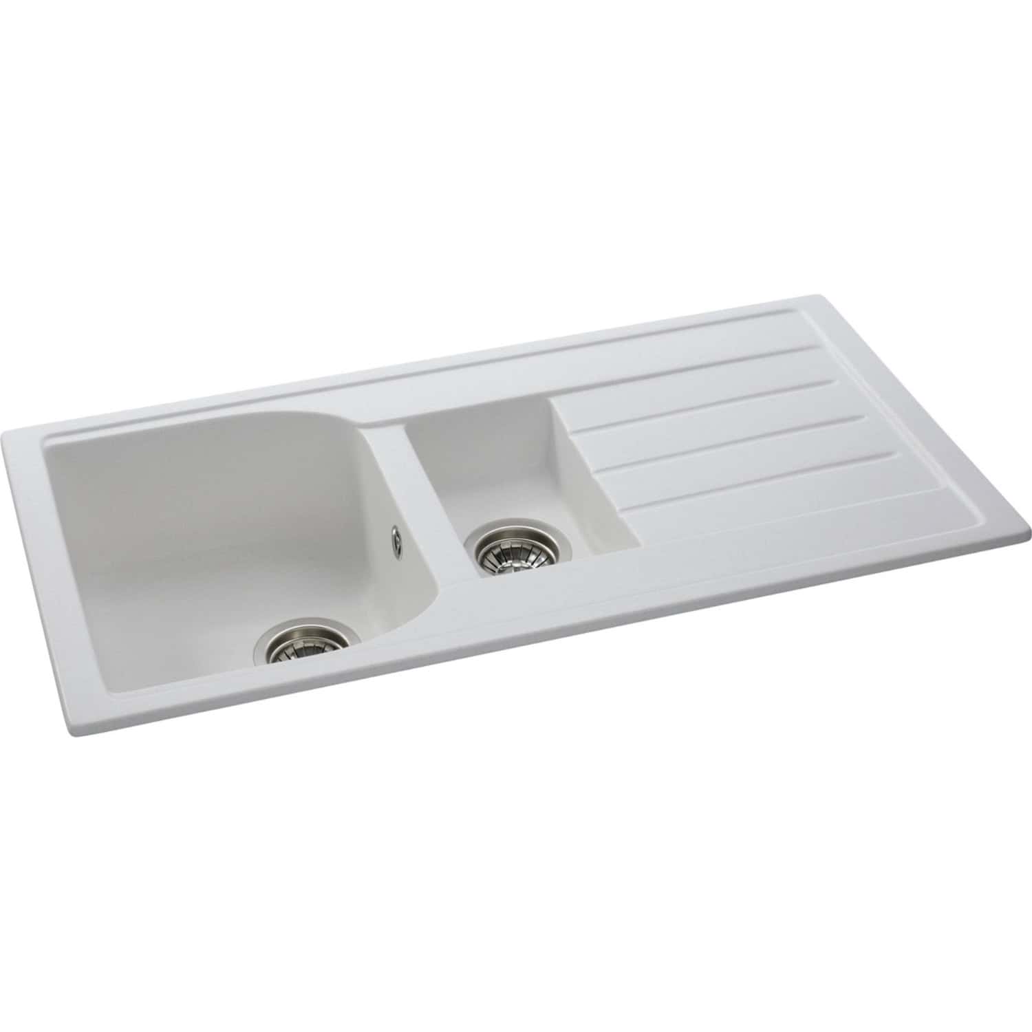 Stainless steel kitchen sink with double bowls and integrated draining board, ideal for modern bathrooms and kitchens, featuring durable construction and easy-clean surfaces for efficient sink area.