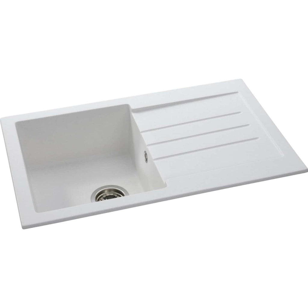 White kitchen sink with a drainer and stainless steel drain, ideal for modern bathrooms and kitchens. Perfect for plumbing and installation in contemporary bathroom designs.