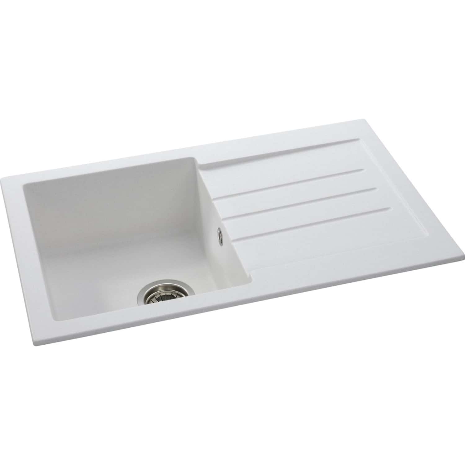 White kitchen sink with a drainer and stainless steel drain, ideal for modern bathrooms and kitchens. Perfect for plumbing and installation in contemporary bathroom designs.