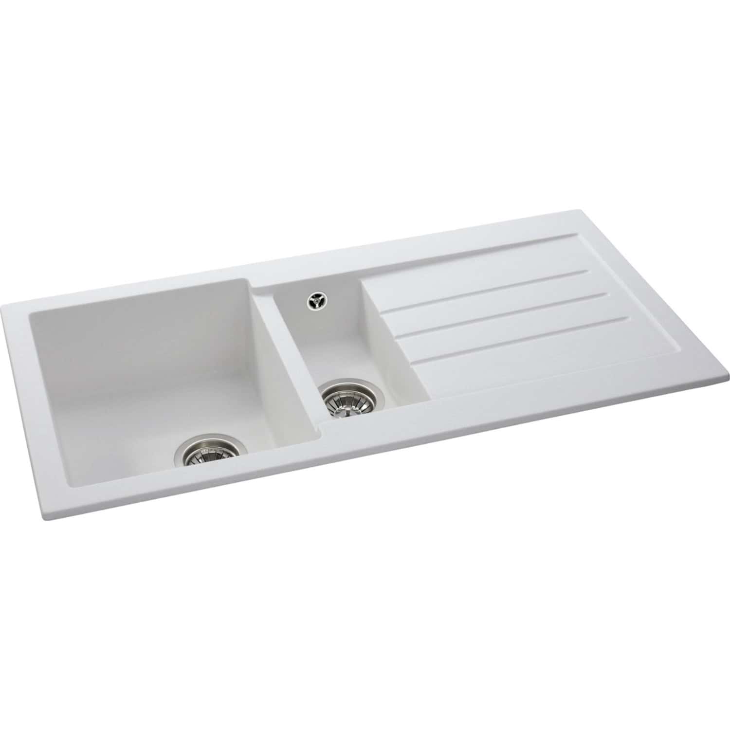 Stainless steel kitchen sink with double bowls and integrated draining board, ideal for modern bathrooms or kitchens, featuring scratch and stain-resistant surface for durability.