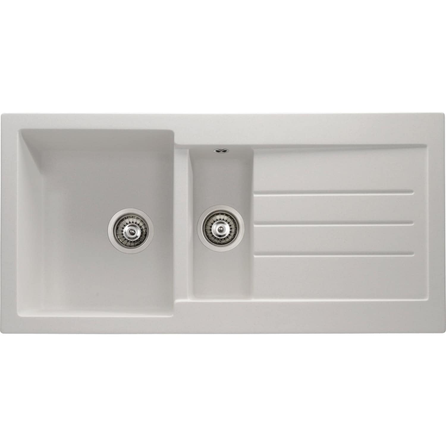 Double ceramic kitchen sink with two bowls and drainer, white finish, modern design, ideal for new bathroom or kitchen renovations.