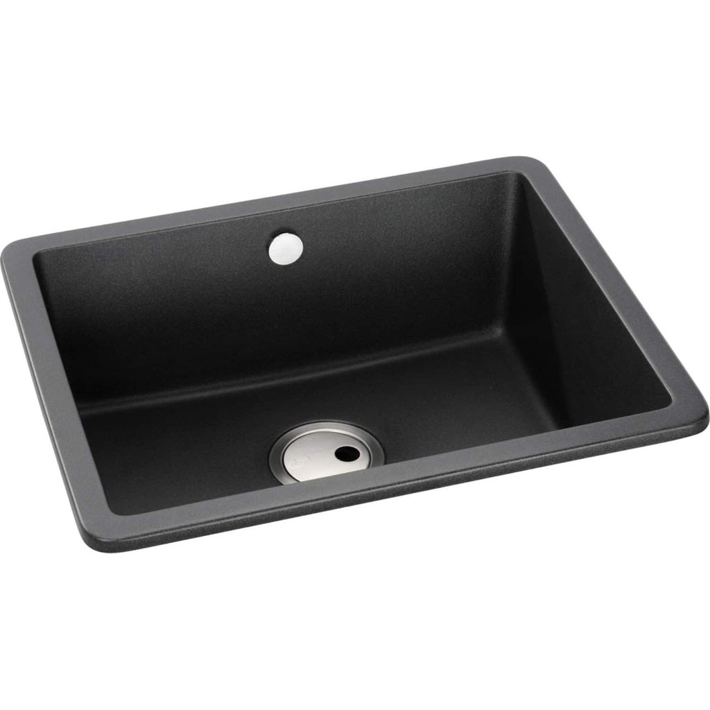 Black rectangular kitchen sink with a round drain and single tap hole, ideal for modern bathroom or kitchen renovation. Durable material, sleek design, perfect for contemporary bathroom or kitchen upgrades.