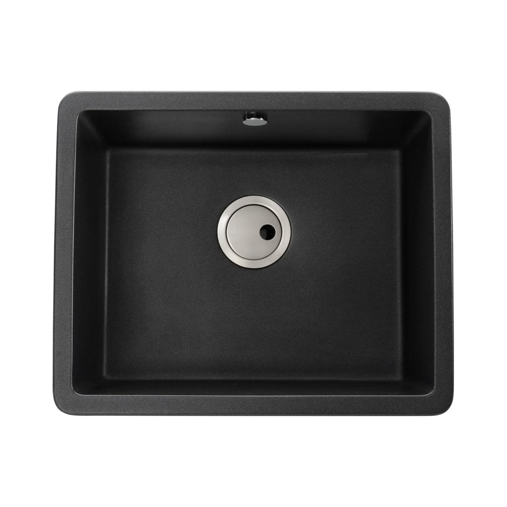 Sleek black undermount kitchen sink with stainless steel drain, ideal for modern bathrooms and kitchens, featuring durable construction and easy-to-clean surface.
