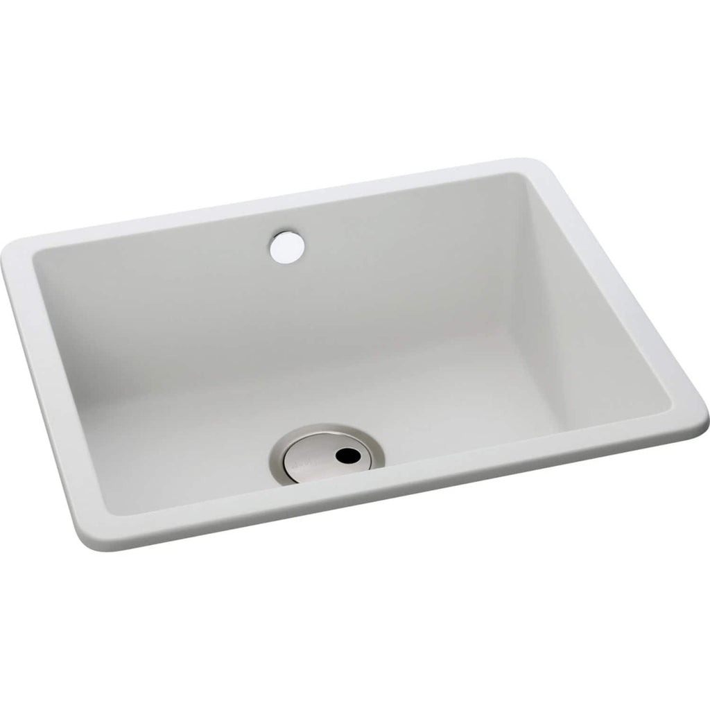 Granite kitchen sink with white finish, undermount design, single bowl, and corrosion-resistant material. Ideal for modern bathrooms and kitchens, offering durability and style.