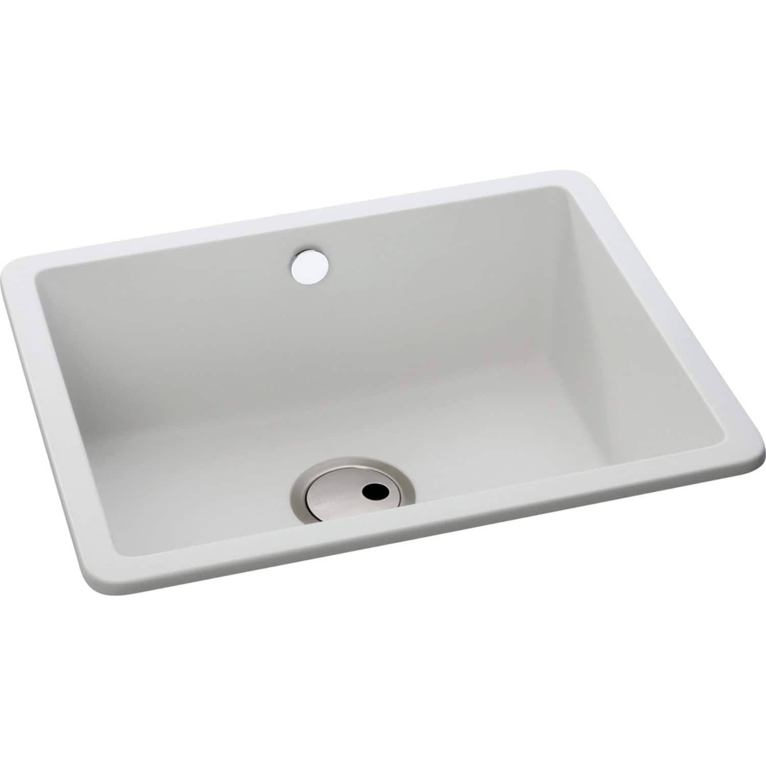 Granite kitchen sink with white finish, undermount design, single bowl, and corrosion-resistant material. Ideal for modern bathrooms and kitchens, offering durability and style.