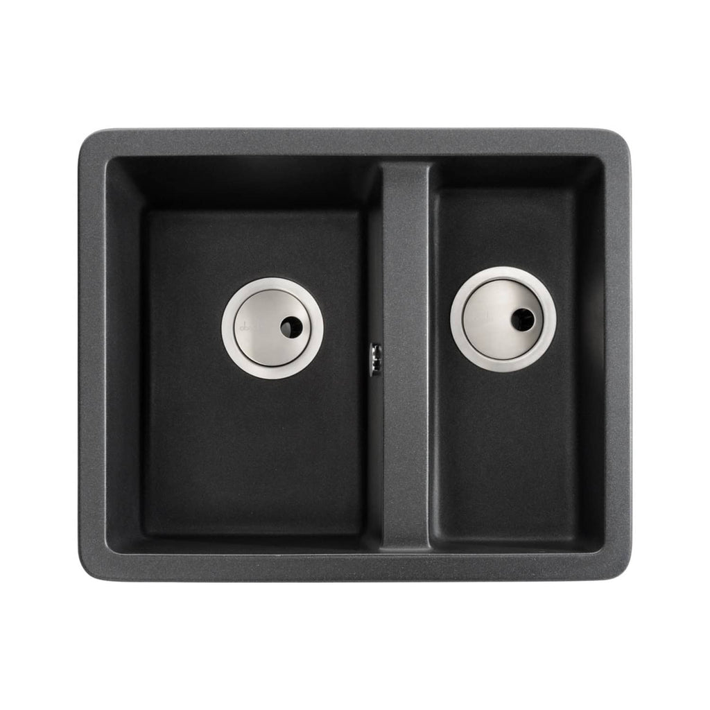 Double kitchen sink with two basins, modern black finish and stainless steel strainers, ideal for contemporary bathrooms and kitchens. Durable, stylish design for efficient water drainage and ease of cleaning.