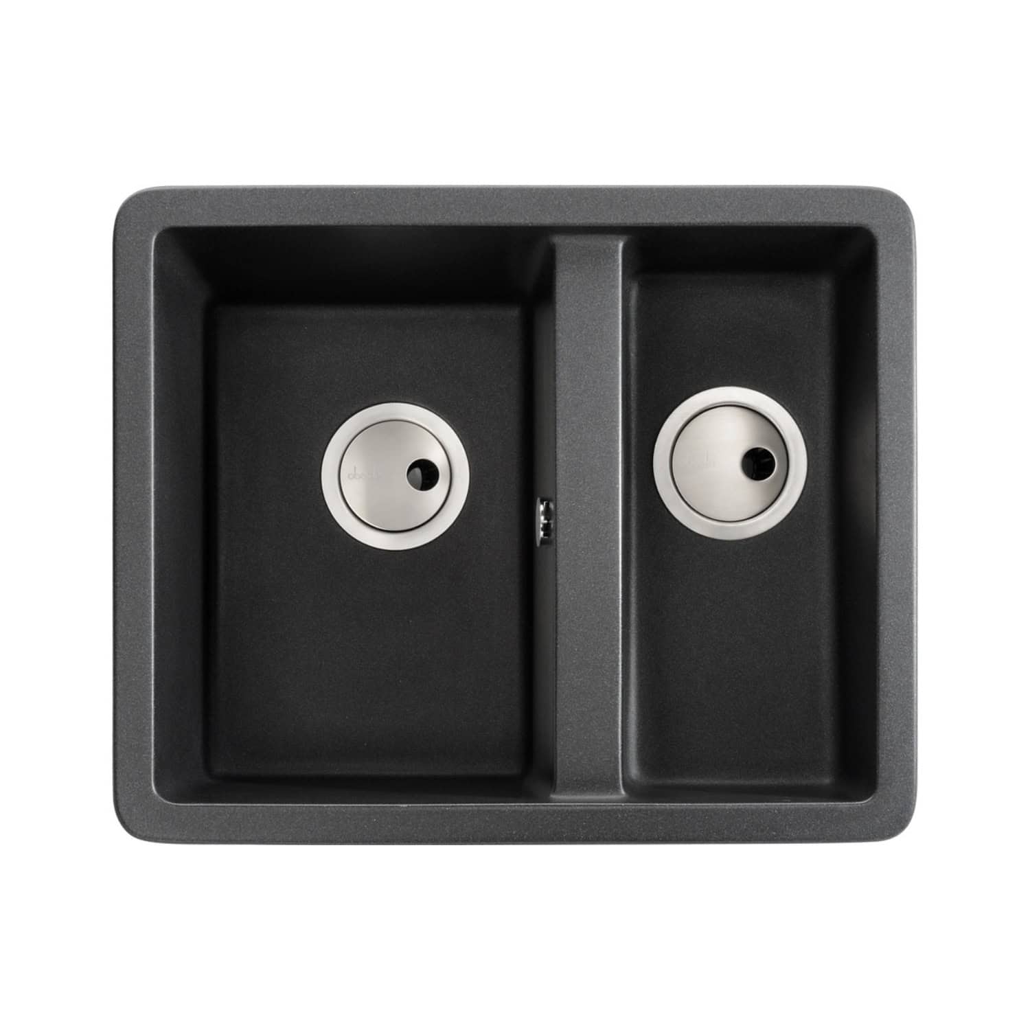 Double kitchen sink with two basins, modern black finish and stainless steel strainers, ideal for contemporary bathrooms and kitchens. Durable, stylish design for efficient water drainage and ease of cleaning.