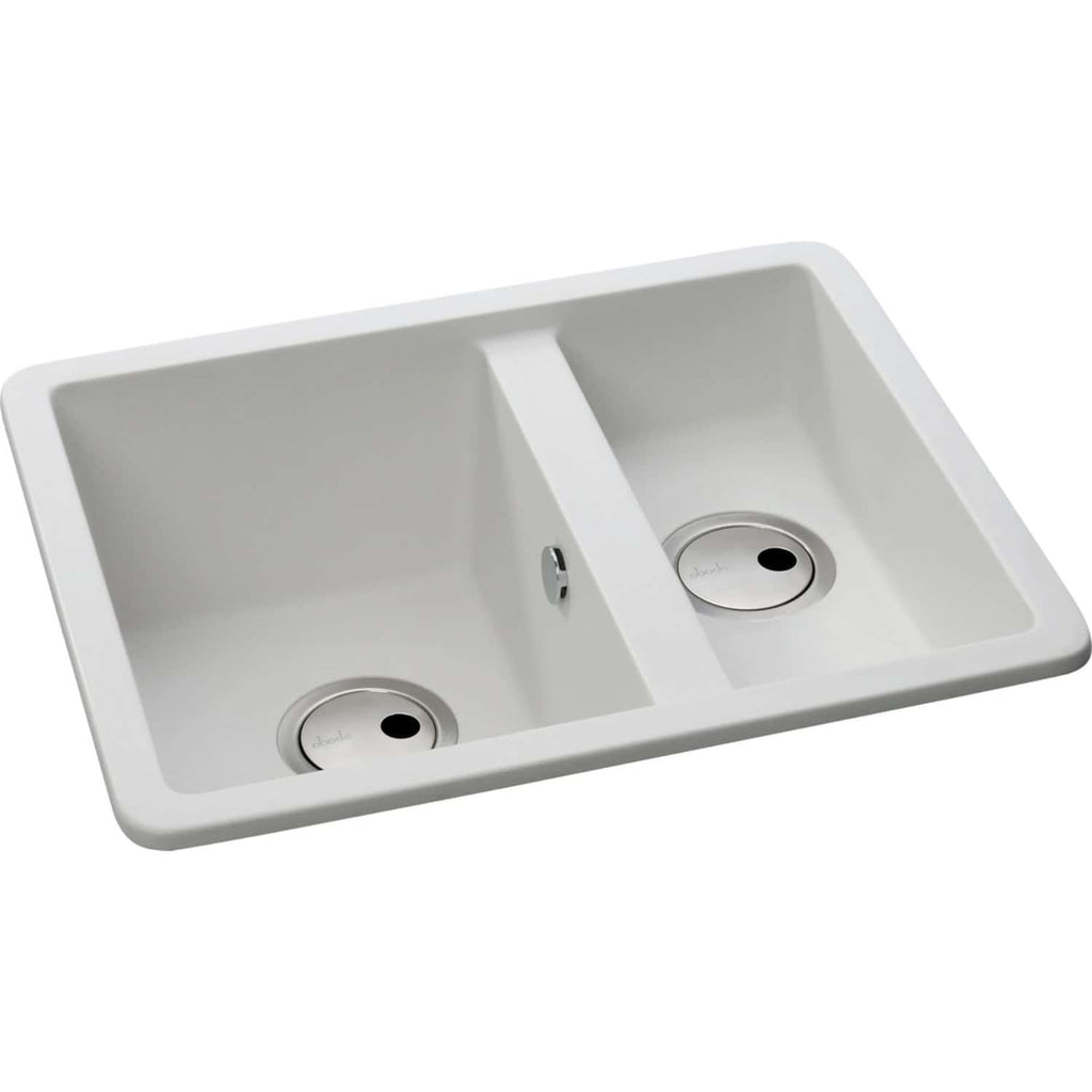 Sleek white double kitchen sink with integrated drainer and modern design, ideal for contemporary bathrooms or kitchens, featuring easy-to-clean surfaces and durable ceramic construction.