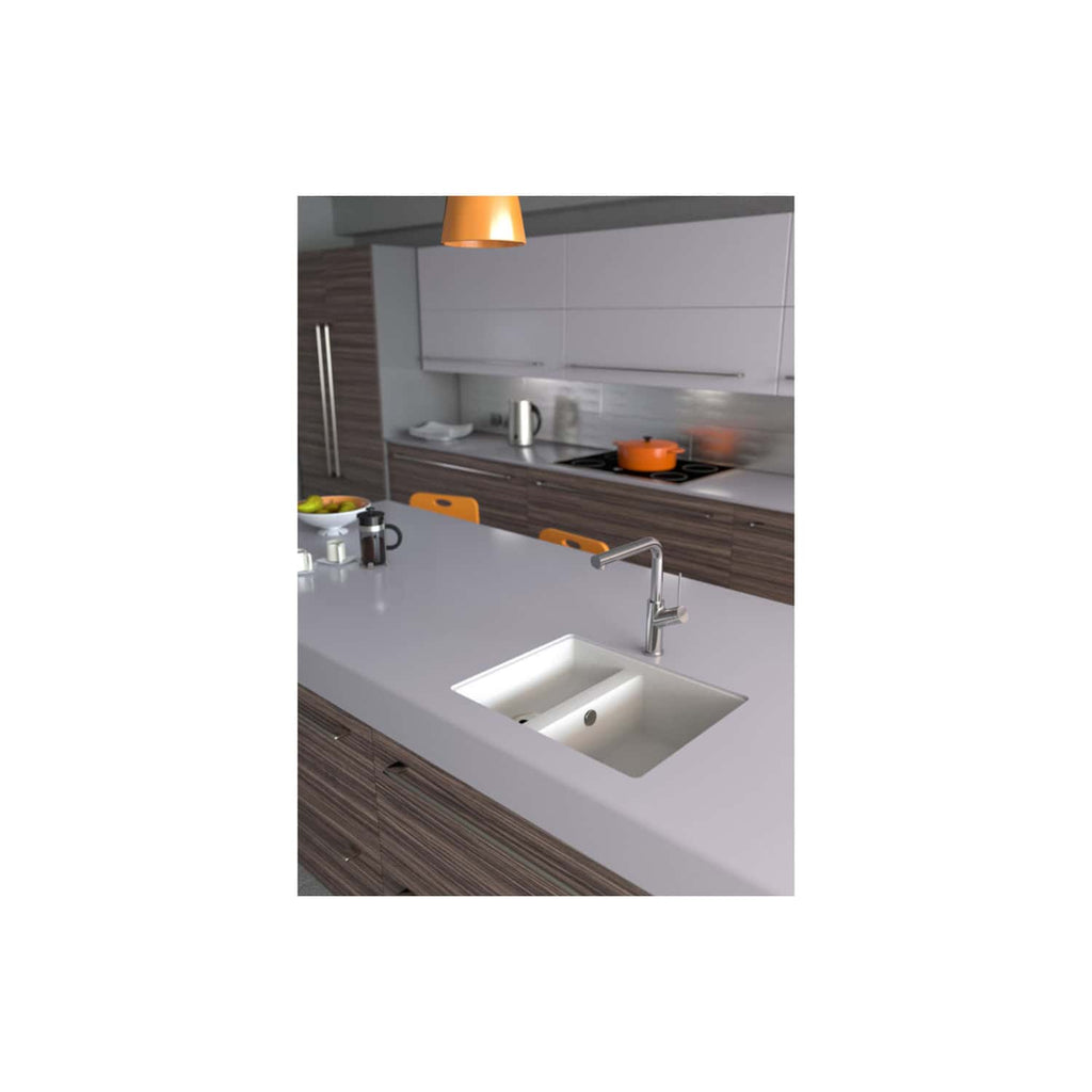 Sleek modern kitchen with integrated sink, contemporary cabinetry, and stylish orange accents, perfect for a minimalist bathroom or kitchen renovation.