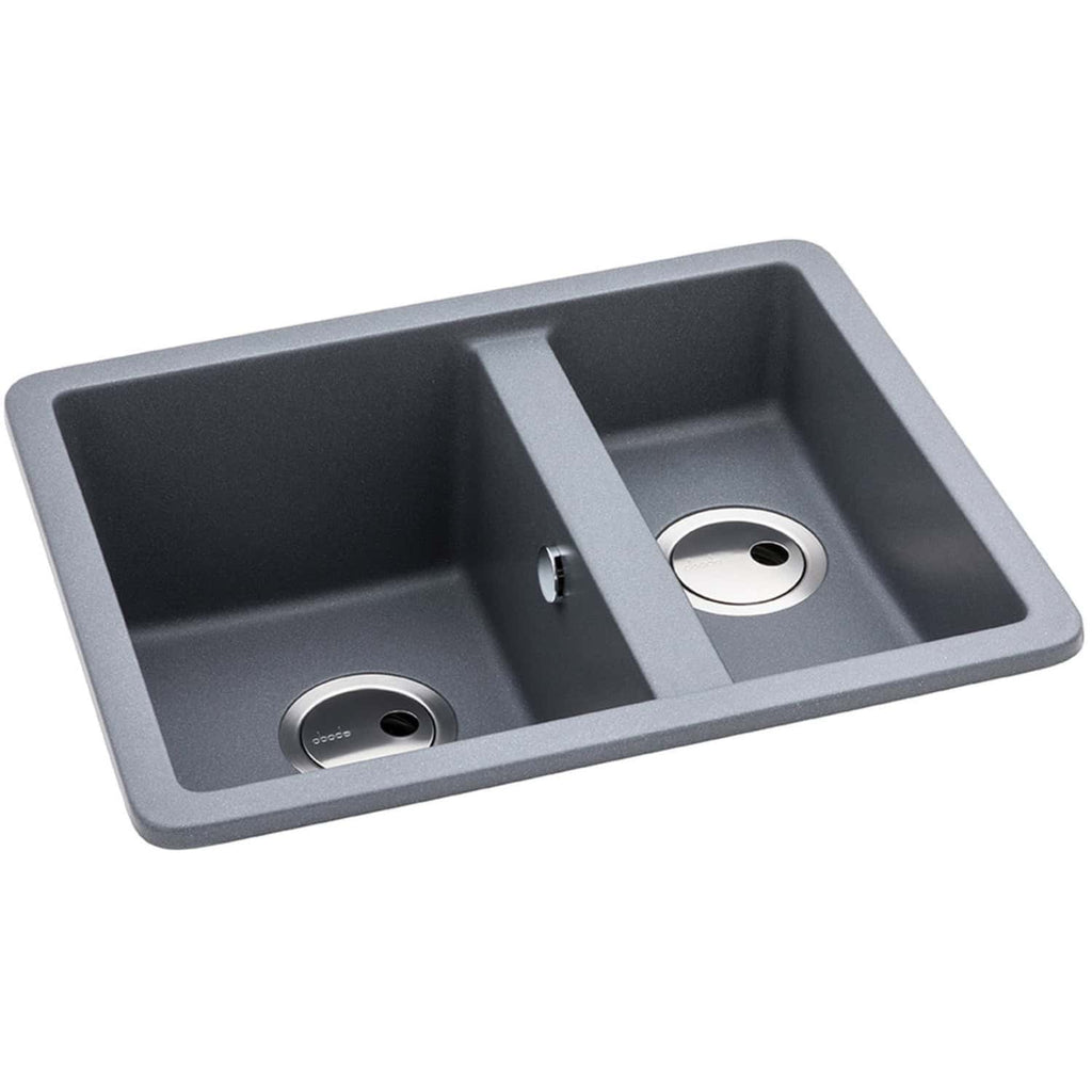 Modern grey kitchen sink with dual basins and stainless steel drains for stylish and functional kitchen design. Perfect for contemporary kitchens needing durable and sleek fixtures.
