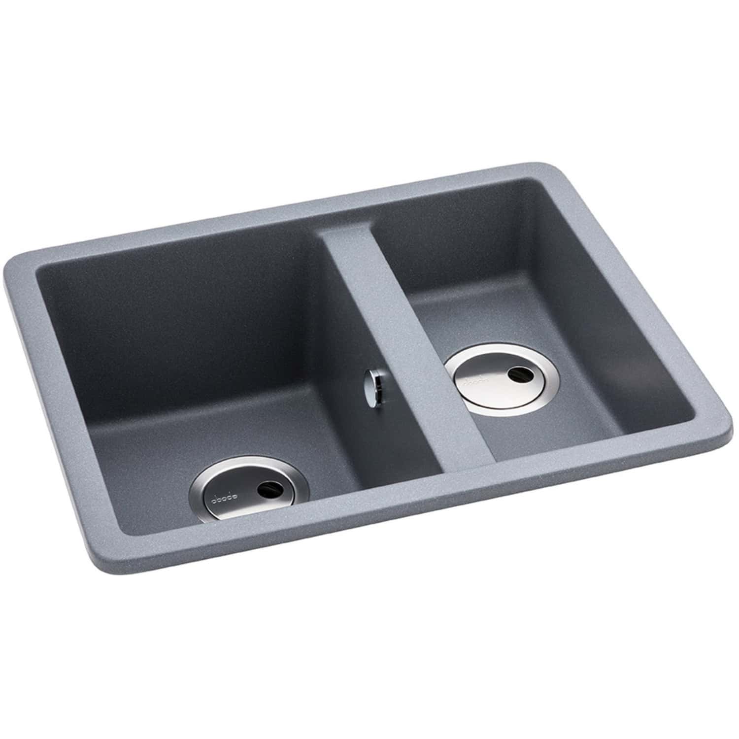 Modern grey kitchen sink with dual basins and stainless steel drains for stylish and functional kitchen design. Perfect for contemporary kitchens needing durable and sleek fixtures.