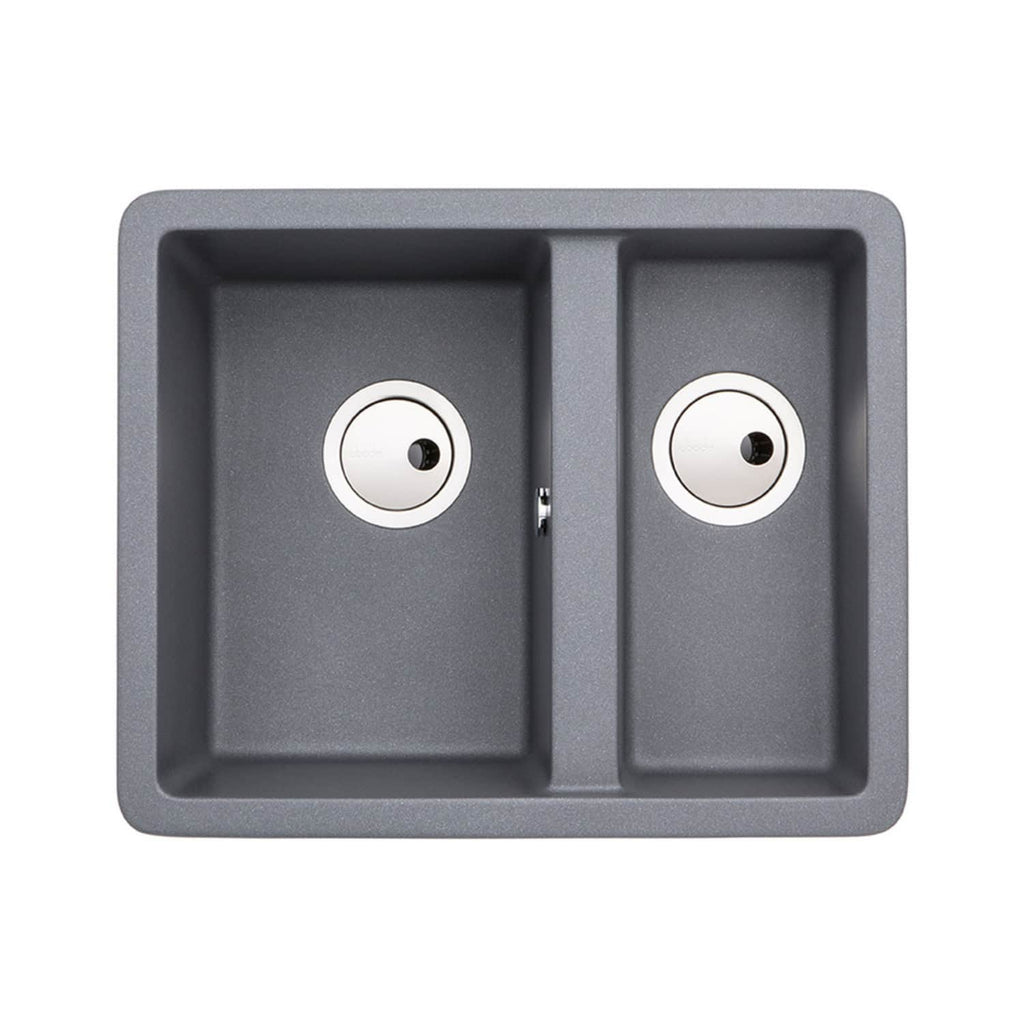 Modern grey double kitchen sink with two basins and drainage holes, ideal for contemporary bathroom or kitchen renovation projects, featuring durable, elegant design for functional space.