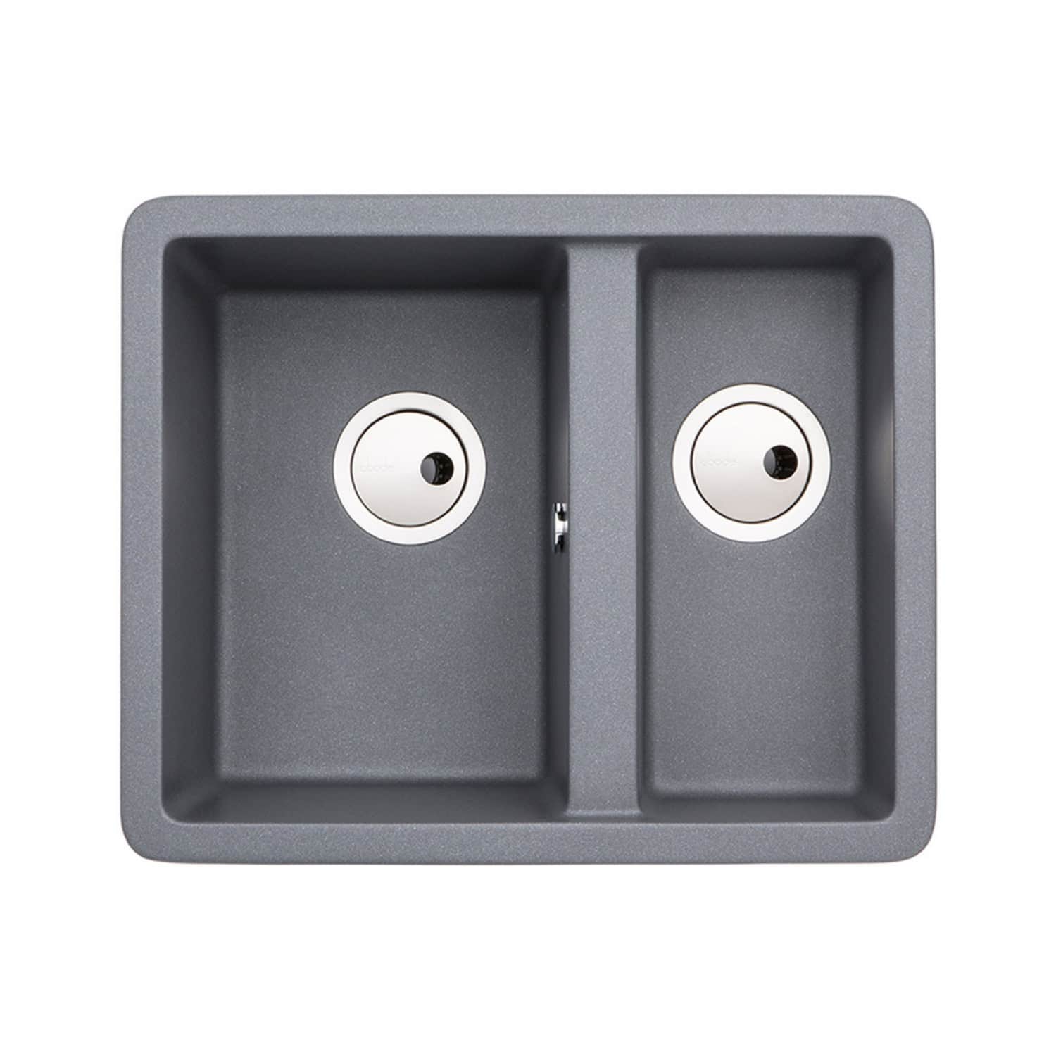 Modern grey double kitchen sink with two basins and drainage holes, ideal for contemporary bathroom or kitchen renovation projects, featuring durable, elegant design for functional space.