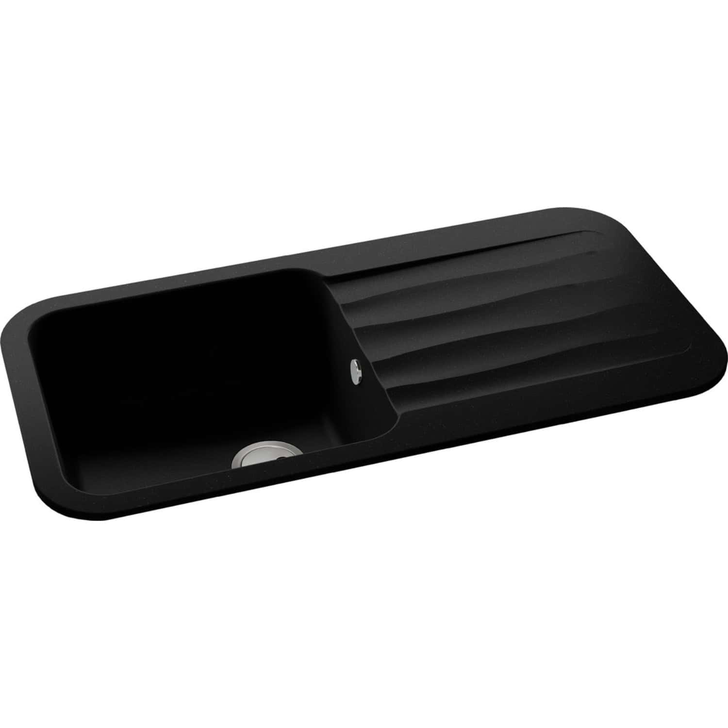 Black kitchen sink with integrated draining board, modern design, durable material, perfect for contemporary bathrooms and kitchens.