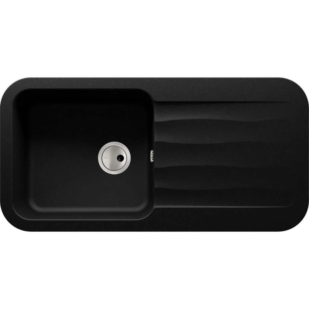 Sleek black kitchen sink with integrated draining board, modern design, durable material, and quality craftsmanship for stylish and functional kitchen fixtures.