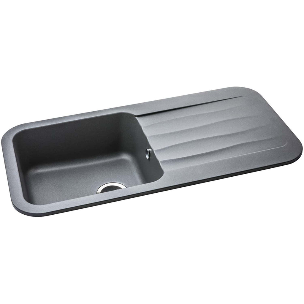 Stainless steel kitchen sink with integrated draining board, modern design, durable material, perfect for contemporary bathrooms and kitchens.