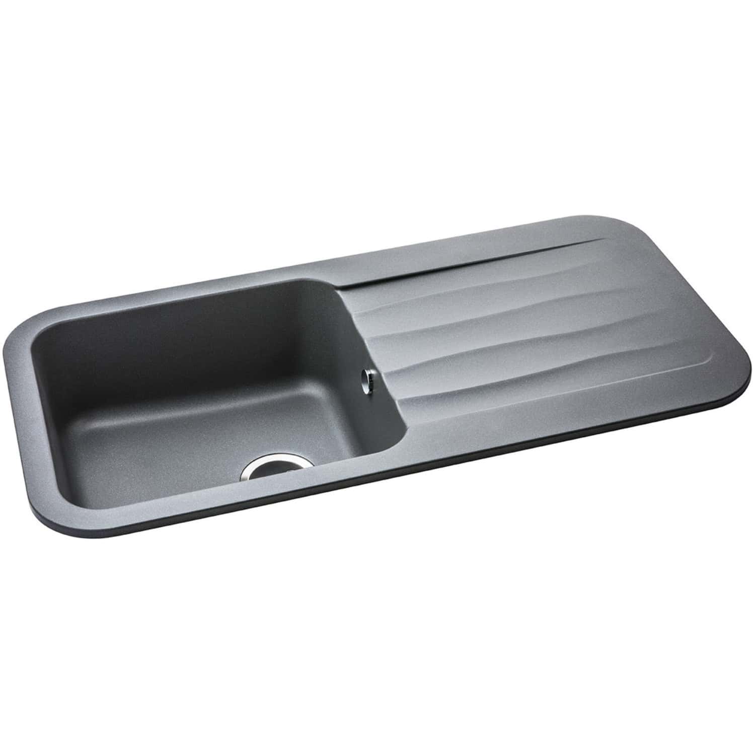 Stainless steel kitchen sink with integrated draining board, modern design, durable material, perfect for contemporary bathrooms and kitchens.
