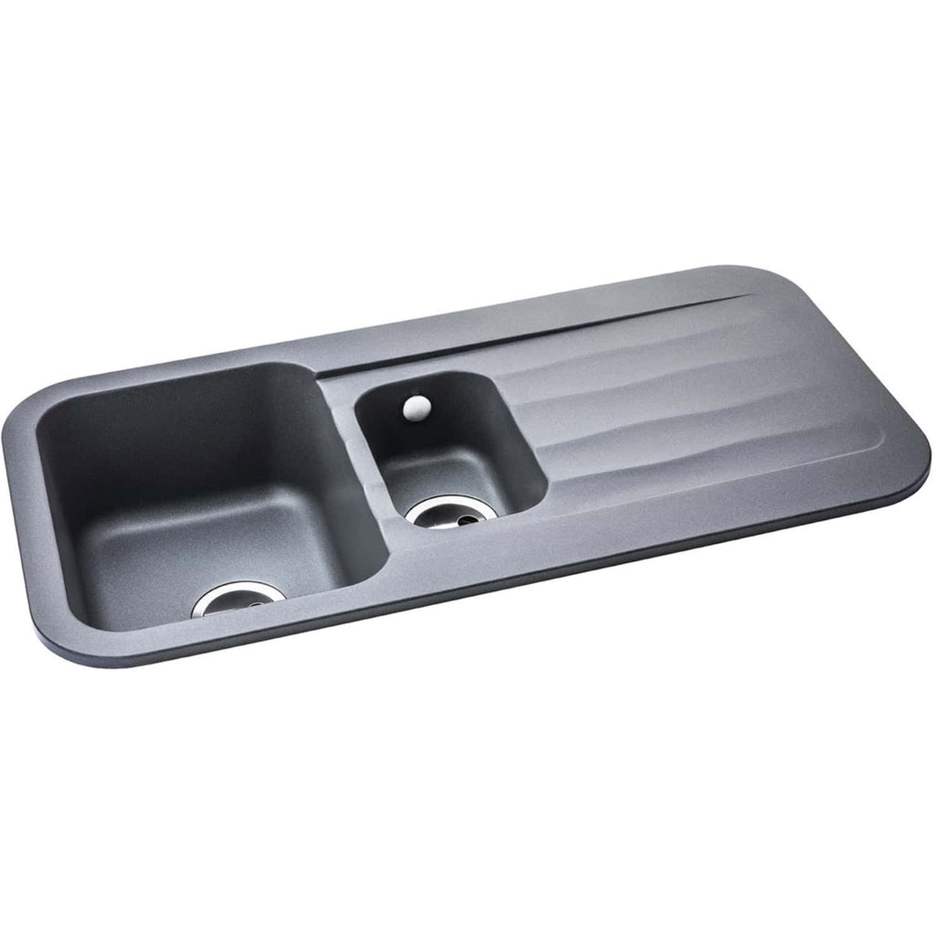 Stainless steel kitchen sink with dual basins and drainer, modern design, ideal for contemporary bathrooms or kitchens. Durable, functional, perfect for efficient cleaning and food prep.
