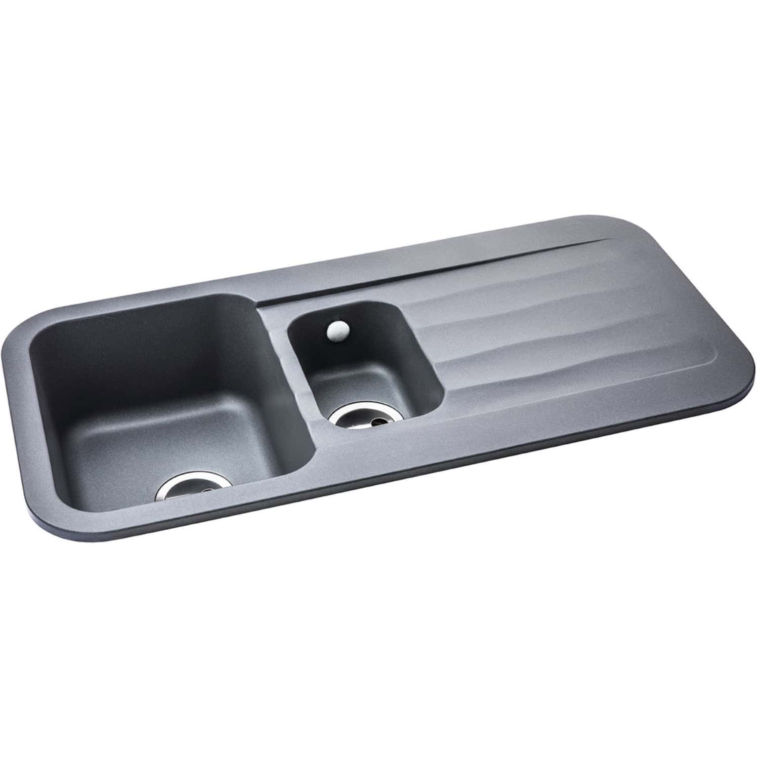 Stainless steel kitchen sink with dual basins and drainer, modern design, ideal for contemporary bathrooms or kitchens. Durable, functional, perfect for efficient cleaning and food prep.