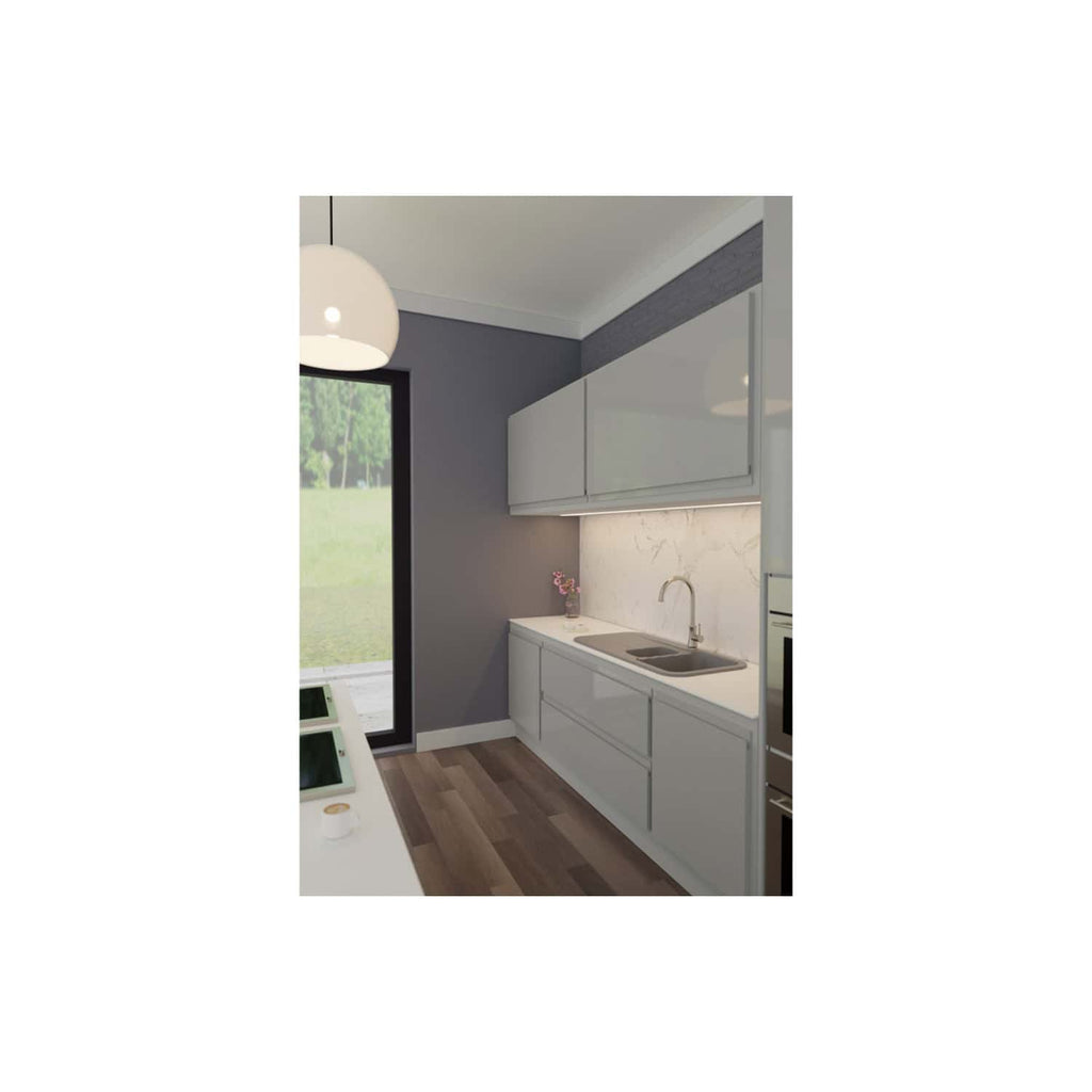 Modern white kitchen with sleek cabinetry, marble backsplash, and stainless steel sink in a contemporary bathroom setting. Includes natural lighting and minimalist design.