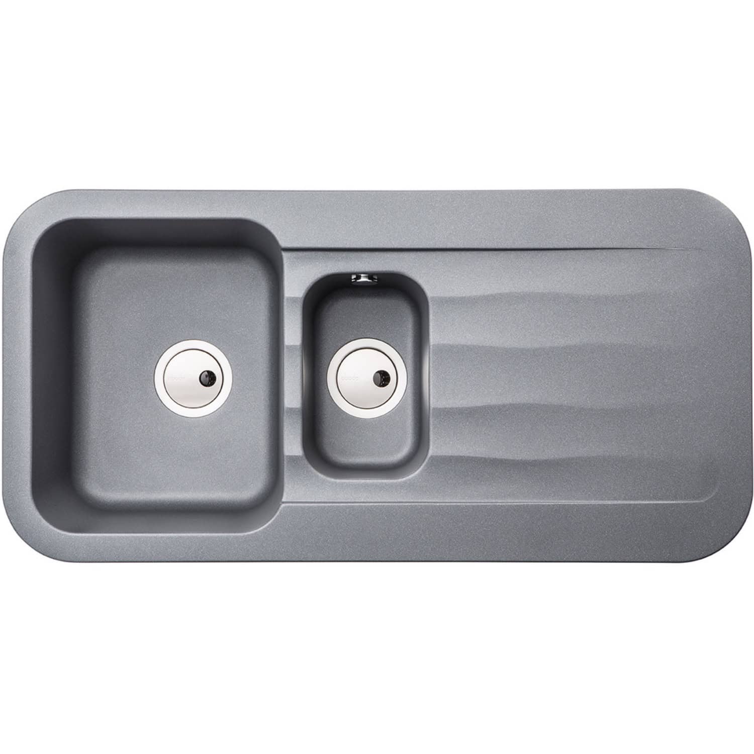 2. Modern grey kitchen sink with dual basins and built-in drainage area, made from durable composite material, ideal for contemporary kitchens and easy cleaning.